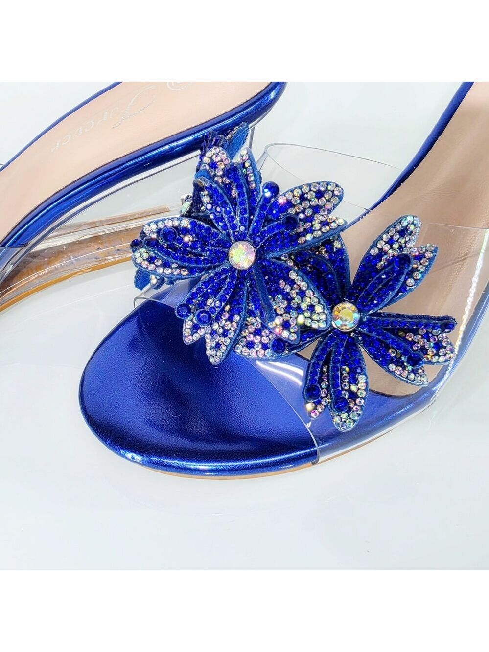 NIB NIB Eva Rhinestone Flower Blue Slip On 2.5" Wedge Heel Casual Party Shoes - Picture 9 of 11
